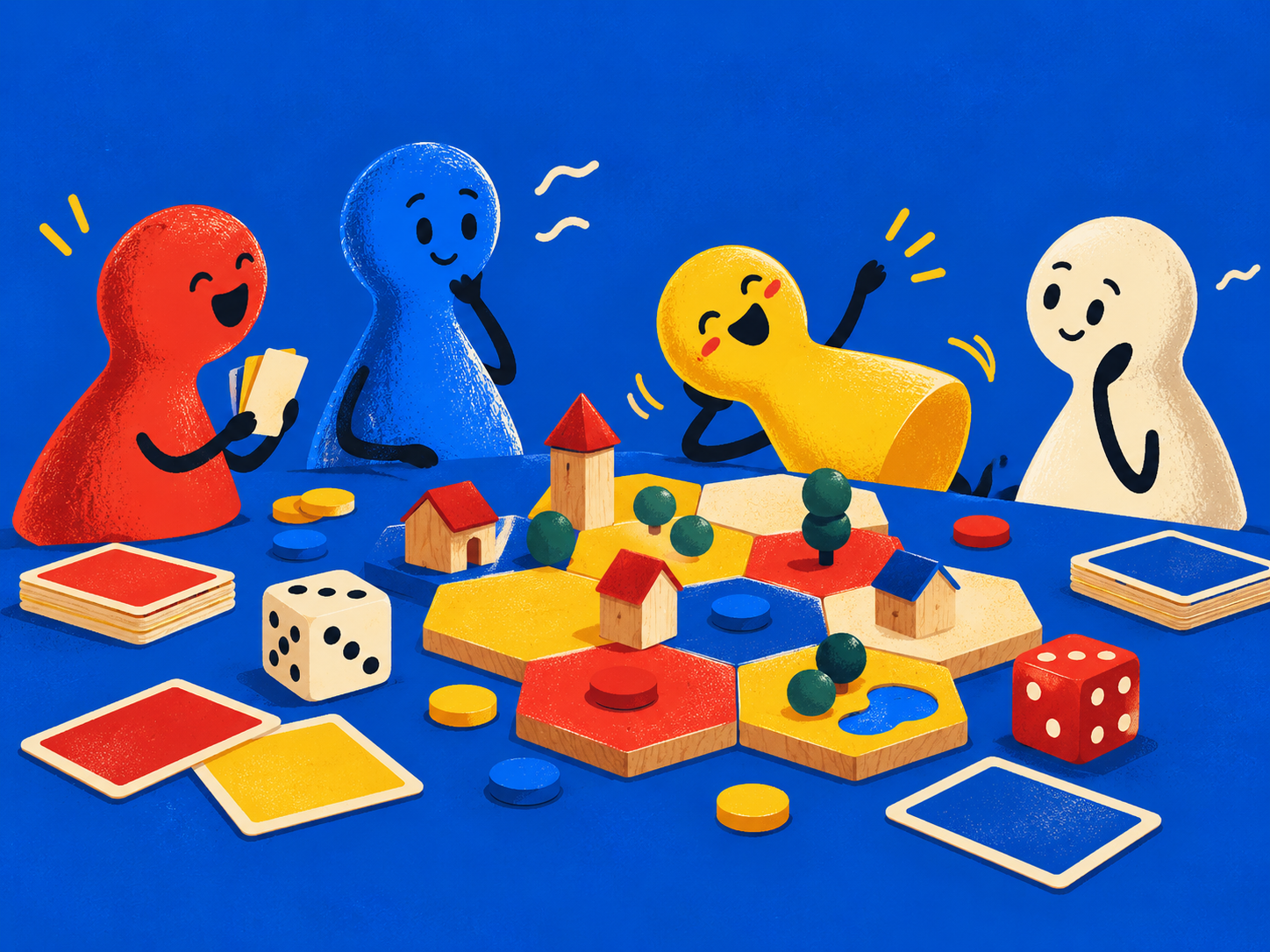 Peças coloridas reunidas em volta de um tabuleiro